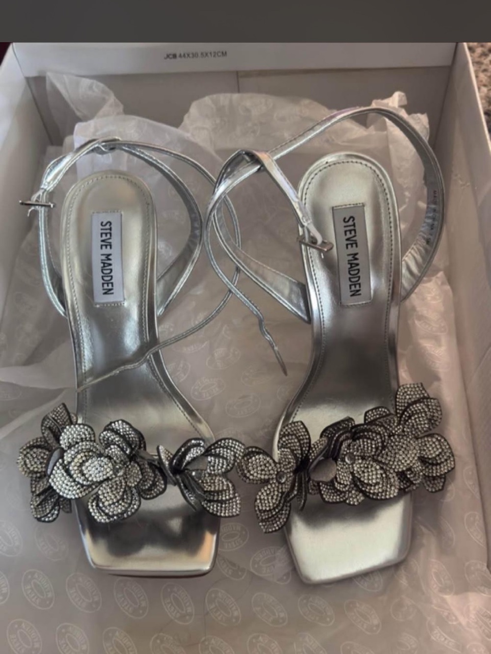 Steve Madden “Ulyana” Silver Crystal Floral Strap Heels